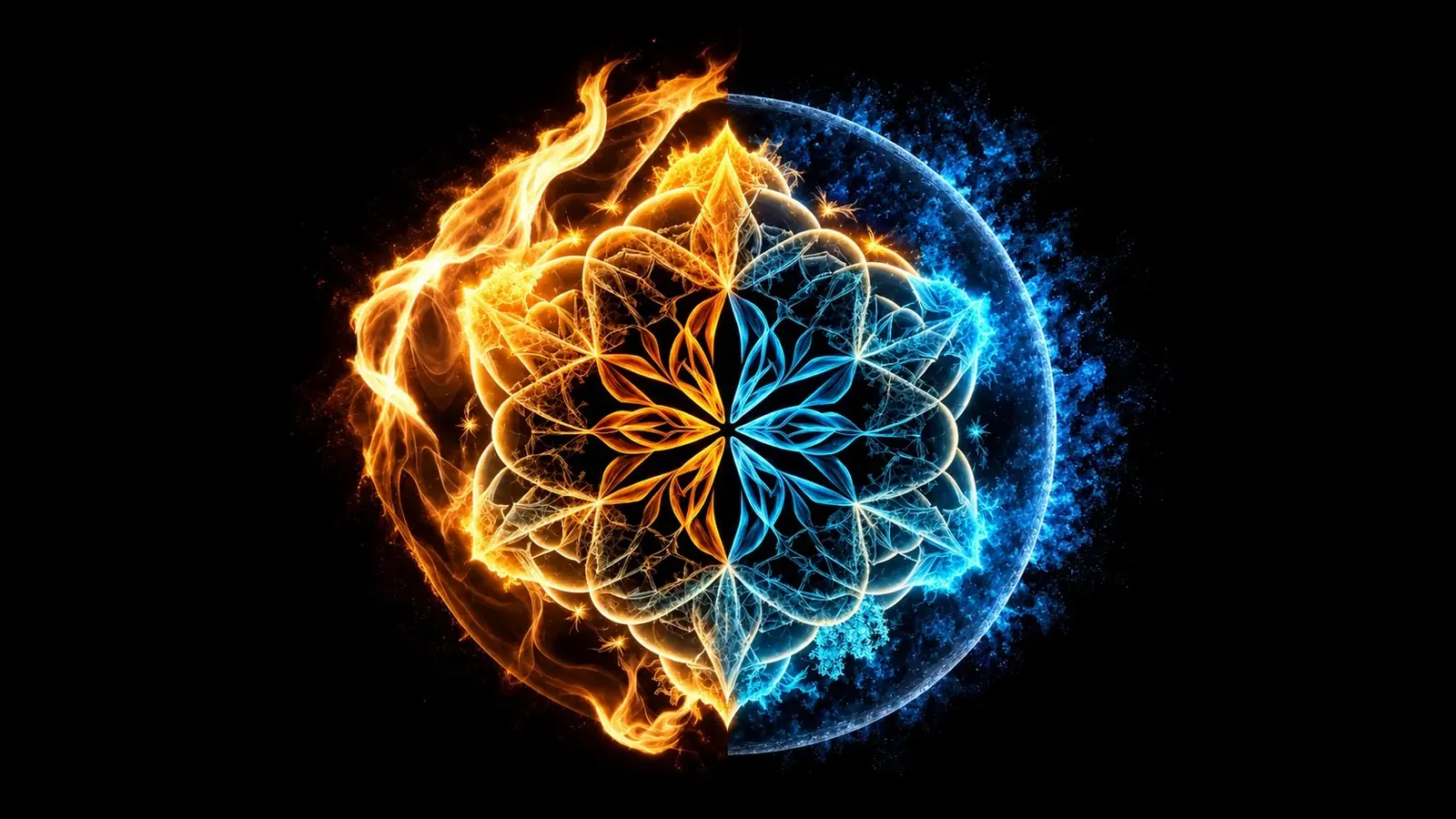 A mandala, half fire and half ice