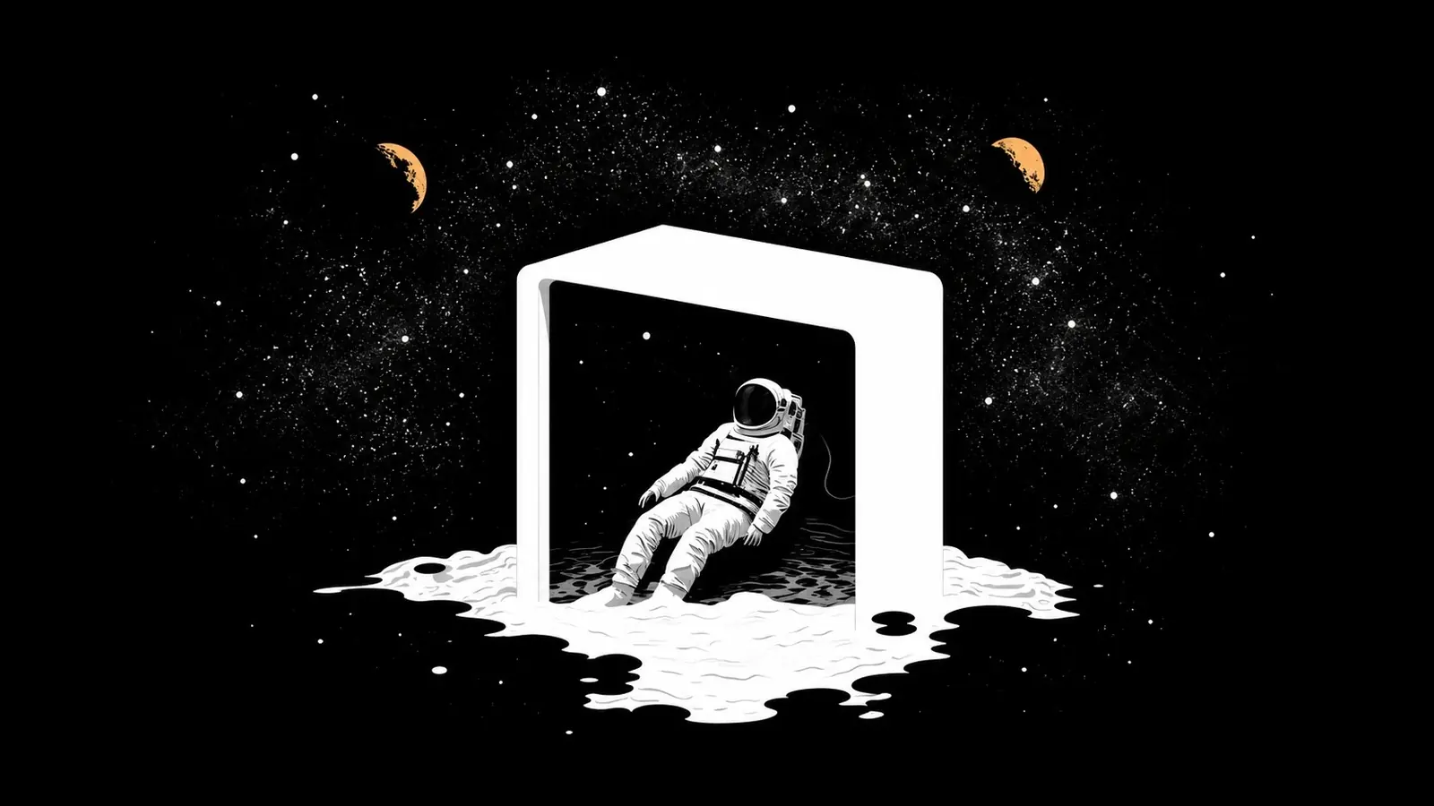 An astronaut resting in a float tank among the stars
