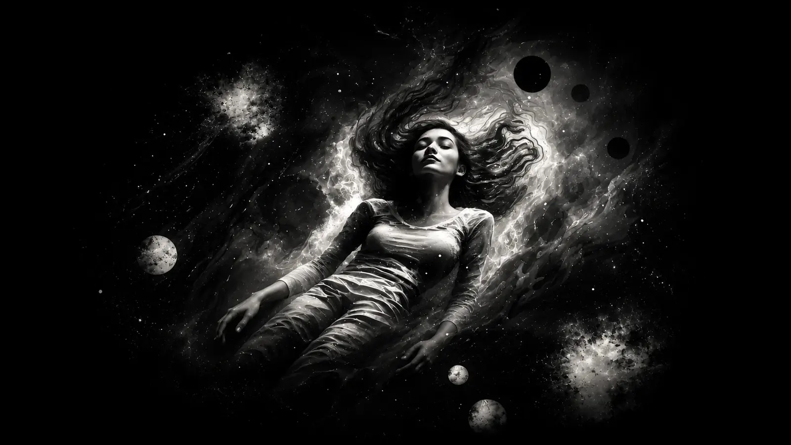 A woman resting with eyes closed, drifting through space