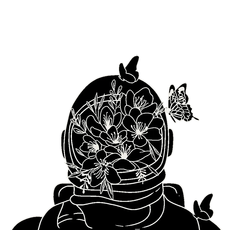 An astronaut helmet full of flowers, with butterflies flying out