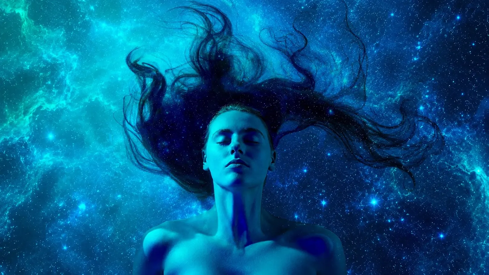 A woman floating among the stars, eyes closed