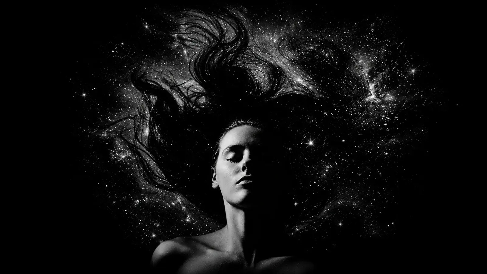 A woman floating with eyes closed, her hair spreading into a field of stars