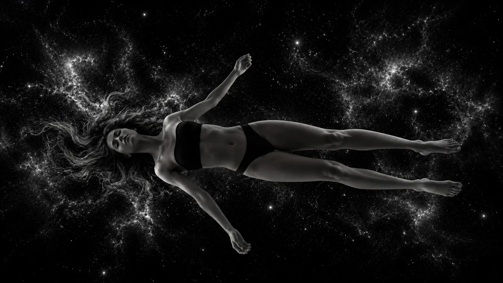 A woman floating weightless in a field of stars, eyes closed