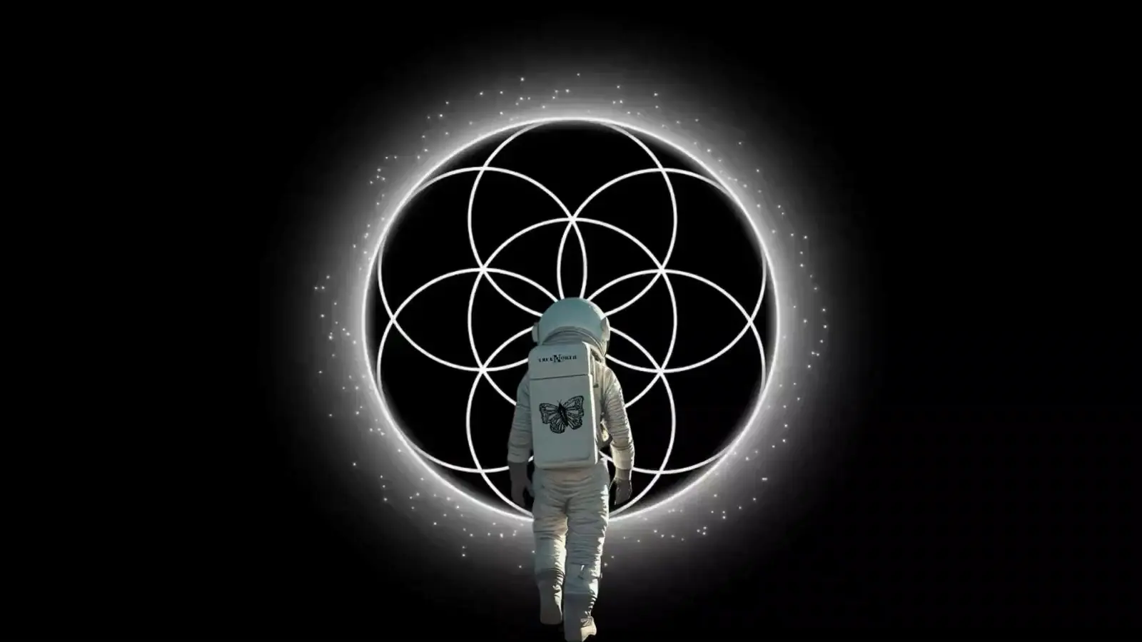 An astronaut walking into a glowing Seed of Life portal, the Seeker quest