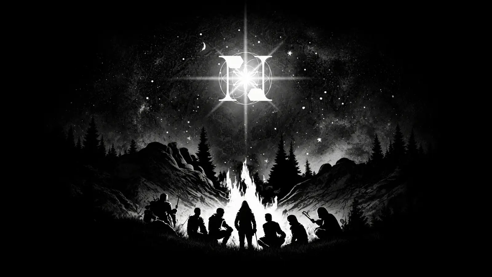 A circle of people around a campfire under the North Star